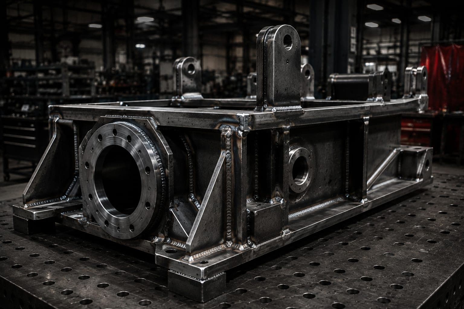 A welded structural frame with machined bores and lifting lugs on a fixture table at Machine Tech Services